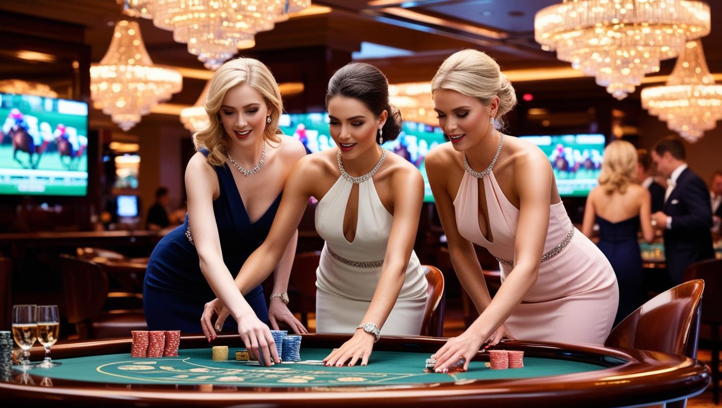 three beautiful women age 25 in a luxury casino placing bets on horse races